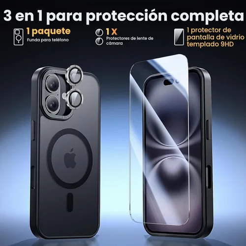 Vista 2 de Funda magnética 3 en 1 para iPhone 16 Plus con 1 protector de pantalla + 1 protector de lente de cámara