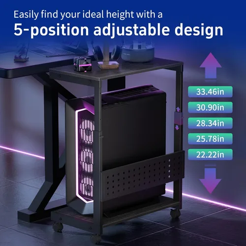 Vista 7 de Soporte de torre para computadora, soporte de torre para PC con ruedas, doble nivel y soporte de CPU ajustable de 5 niveles (23.2-33.5 pulgadas)