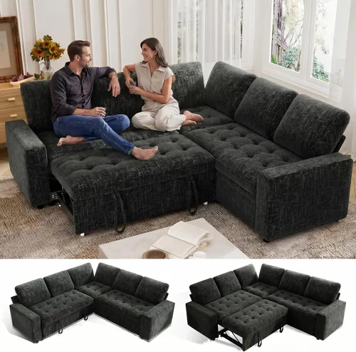 Vista 11 de Vipbear Sofá cama modular modular con cama extraíble, sofá modular en forma de L de felpilla con puertos USB/respaldo ajustable/asientos