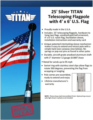 Vista 2 de Mástil de bandera TITAN telescópico de 25 pies con bandera