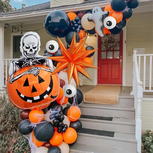 Vista 5 de Kit de arco de globos de Halloween con globos de estrella de explosión de calabaza de aluminio, kit de guirnalda de globos negros, naranjas y beige