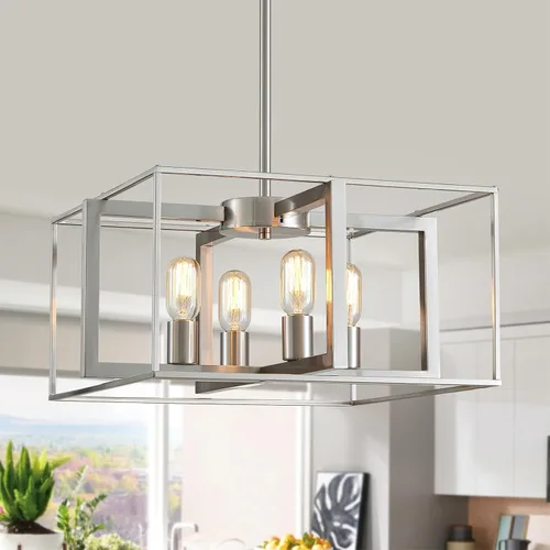 Vista 11 de XINGQI Candelabro cuadrado de 4 luces, lámpara de granja, moderna iluminación colgante para cocina, isla, comedor, sala de estar, acabado de grano