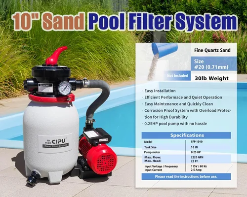 Vista 3 de CIPU Sistema de bomba de filtro de arena de 10 pulgadas, práctica válvula de 4 vías para piscinas sobre el suelo con bomba de piscina de 0.25 HP 115