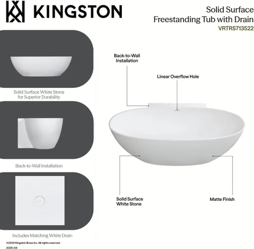Vista 10 de Kingston Brass VRTRS713522 Acrticstone - Bañera independiente de superficie sólida de 71 pulgadas con drenaje, color blanco mate
