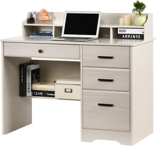 Vista 7 de Escritorio blanco para oficina en casa con 4 cajones y gabinete, mesa de computadora para dormitorio, blanco roto