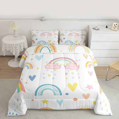 Vista 3 de Erosebridal Juego de edredón arcoíris de 2 piezas, edredón de nube de dibujos animados kawaii iridiscente individual para niños, niñas, mujeres