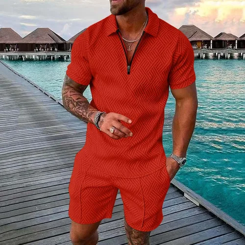 Vista 2 de Conjunto de camisa polo y pantalones cortos para hombre, trajes de verano a la moda, casual, de manga corta, traje deportivo para hombre, 2 piezas