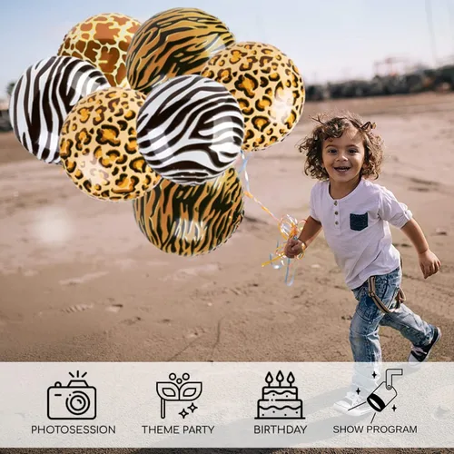 Vista 5 de 8 globos con patrón de animales de safari, globos redondos de aluminio Mylar de 18 pulgadas, estampado de jirafa, tigre, cebra, leopardo
