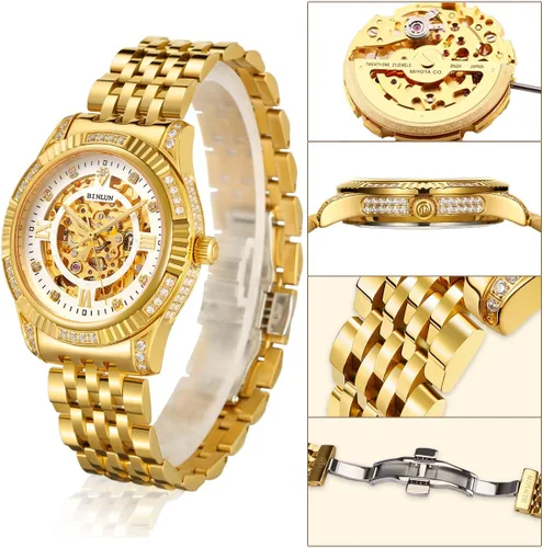 Vista 2 de BINLUN Reloj de pulsera para hombre, mecánico automático, reloj dorado con cuerda automática, elegante, chapado en oro de 18 quilates, relojes