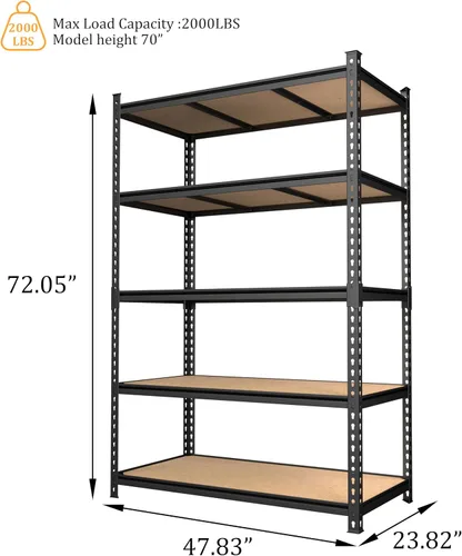 Vista 3 de BlueWish Estante de almacenamiento de garaje de 2000 libras, estantes ajustables resistentes de 24 x 48 x 72 pulgadas, estantes de utilidad con 5