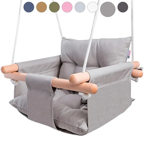Vista 9 de CaTeam - Columpio de lona para bebé, silla colgante de madera con cinturón de seguridad, silla de columpio para bebé duradera, columpio