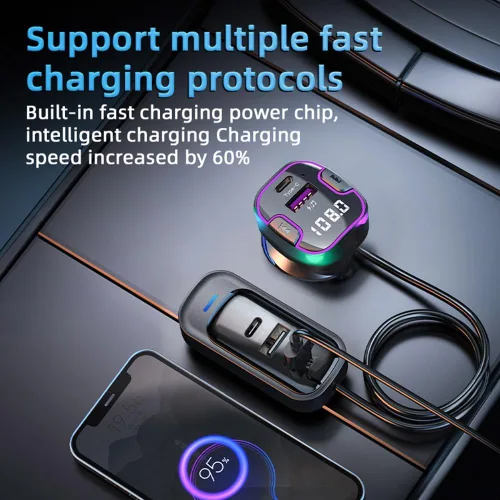 Vista 4 de Transmisor FM Bluetooth para automóvil, llamadas manos libres, calidad de sonido HD 5.3, carga rápida 5V3.1A, reproducción de música en disco U