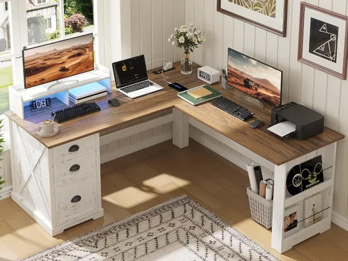 Vista 10 de FREDEES Escritorio en forma de L con soporte móvil y luces LED, escritorio de 59 pulgadas estilo granja para oficina en casa con cajón para Negro