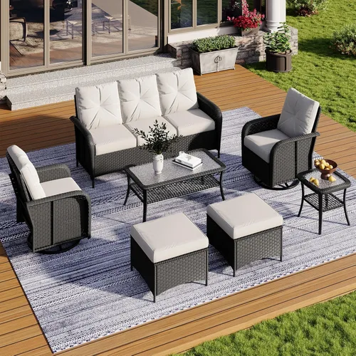 Vista 2 de Aoxun Juego de muebles de mimbre para patio de 7 piezas con cojines gruesos 2 piezas blanco