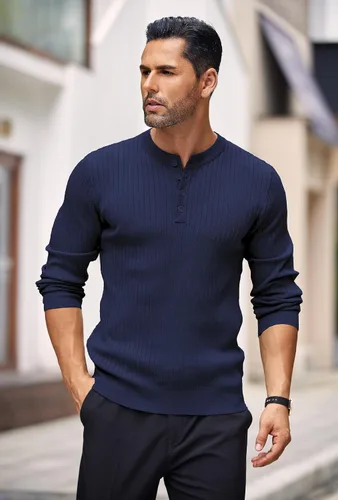 Vista 4 de COOFANDY Suéter de punto Henley para hombre, manga larga, con botones, ligero, para otoño, ajustado, acanalado