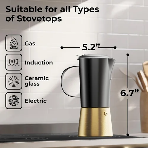 Vista 11 de Cafetera de acero inoxidable Moka Pot de 6 tazas (12 onzas líquidas), cafetera de estufa para inducción, estufas de gas y eléctricas, cafetera