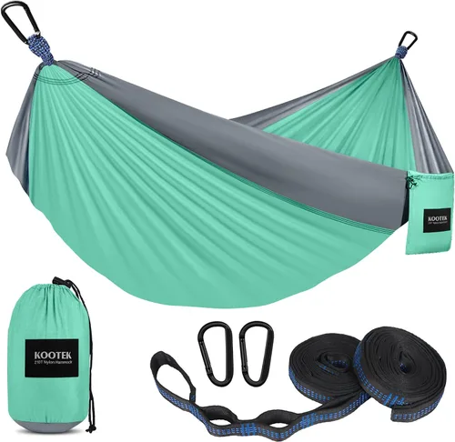 Vista 15 de Kootek - Hamaca portátil doble e individual con 2 correas para árboles, de nailon ligero de paracaídas para mochileros, viajes, playa, patio, Negro