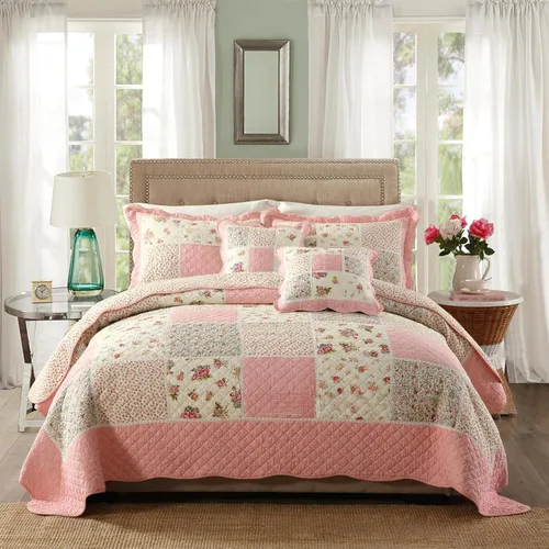 Vista 12 de ABREEZE Juego de edredón acolchado de algodón con diseño de retazos florales y rosas azules, juego de colcha rústica de 3 piezas
