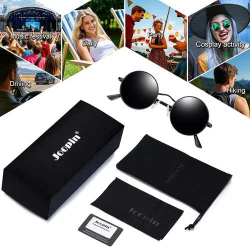 Vista 6 de Joopin Gafas de sol redondas pequeñas Hippie Circle Teashades Traje de protección UV Todo negro