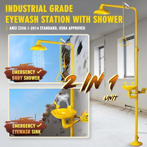Vista 2 de CGOLDENWALL Estación de lavado de ojos de ducha de emergencia Safty Shower Combinación Estación de lavado de ojos con ducha, hilo NPT, con señal