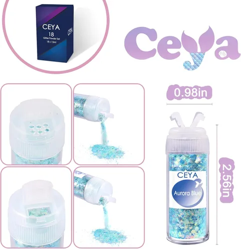 Vista 5 de Ceya Juego de purpurina que brilla en la oscuridad, 18 colores, 6.3 onzas/6.35 oz, mezcla de purpurina gruesa luminosa, copos de polvo fino