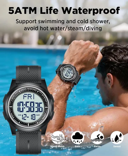 Vista 2 de Beeasy - Reloj digital de pulsera resistente al agua con cronómetro, alarma, cuenta regresiva, doble zona horaria, ultrafino, pantalla angular muy