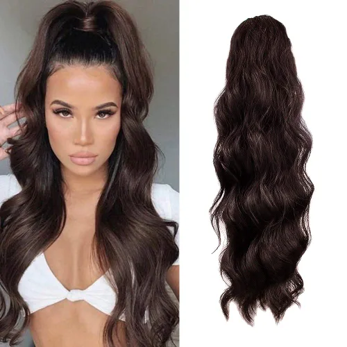 Vista 11 de KETHBE Extensión de pelo para cola de caballo de 24 pulgadas con onda corporal, sintética, resistente al calor, con cordón envolvente, rizada y 1b#