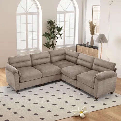 Vista 32 de HAOMARKETS Sofá esquinero modular en forma de L de 115 pulgadas con 2 otomanas móviles, sofás de pana de 8 plazas con cojín grueso para sala de Beige