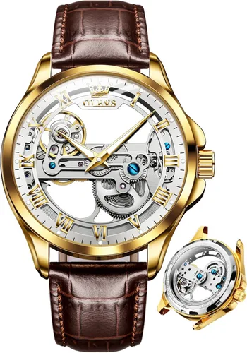 Vista 19 de OLEVS Relojes de esqueleto para hombre, automático, mecánico, de lujo, de cuero, impermeable, luminoso, reloj de pulsera para hombre