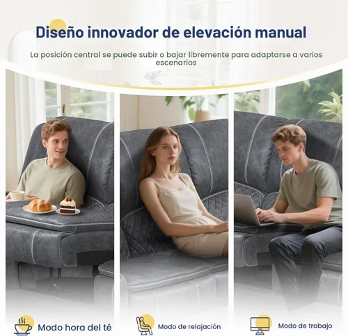 Vista 3 de Sofá reclinable de 3 plazas, sofá reclinable con consola elevable (terciopelo, gris)