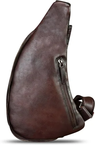 Vista 7 de Bolso de cuero genuino para mujeres y hombres, mochila de cuero retro para el pecho, bolso cruzado, Café
