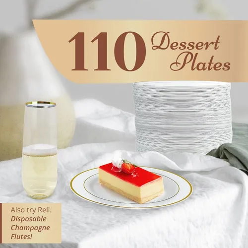 Vista 2 de Reli. 110 platos de postre de plástico de 7.5 pulgadas, desechables blancos con borde dorado