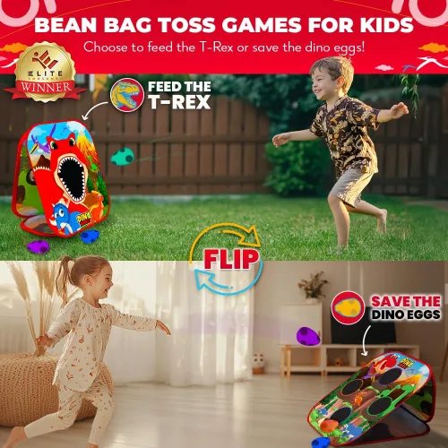 Vista 2 de SWOOC Games® - Dino Frenzy™ Juegos de Corn Hole 2 en 1 para niños Configuración en 5 segundos Juego de lanzamiento de bolsas de frijoles