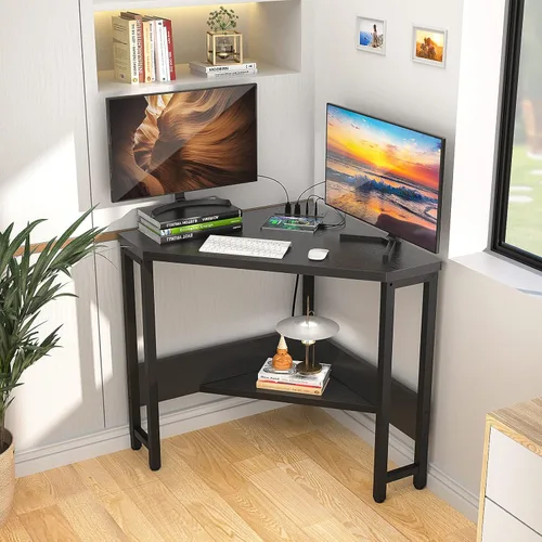 Vista 2 de Armocity Escritorio esquinero pequeño con tomas de corriente, mesa de esquina para espacio pequeño, escritorio de computadora con puertos USB