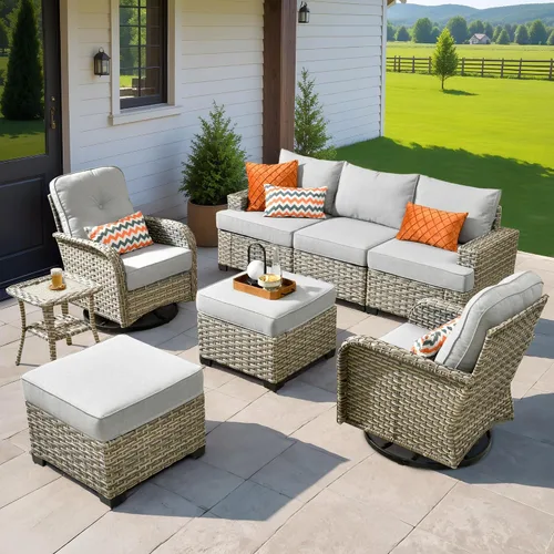 Vista 94 de HOOOWOOO Juego de Muebles Seccionales para Patio al Aire Libre, 6 Piezas Juegos de Conversación de Mimbre Sofá en Forma de L, Sofá Extra Profundo