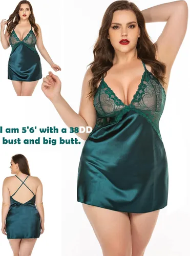 Vista 5 de Avidlove Lencería para mujer, cuello en V, camisón corto de satén con encaje para dormir