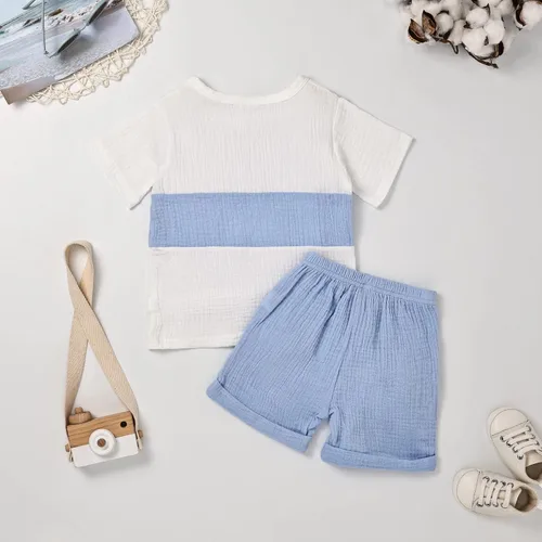 Vista 3 de Ropa para bebé niño y niño, pantalones cortos de verano, conjunto de camiseta de retazos con bolsillo, pantalones cortos de 12 meses a 4 años