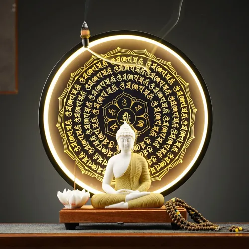 Vista 7 de Houlu Lámpara de mesa LED con estatua de Buda azul y círculo, estatua de Buda de cerámica para decoración del hogar