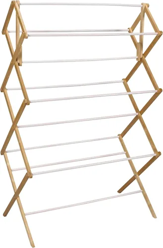 Vista 8 de Household Essentials Estante plegable de secado de ropa de bambú de gran tamaño, estante de lavandería de lujo con 11 clavijas, respetuoso