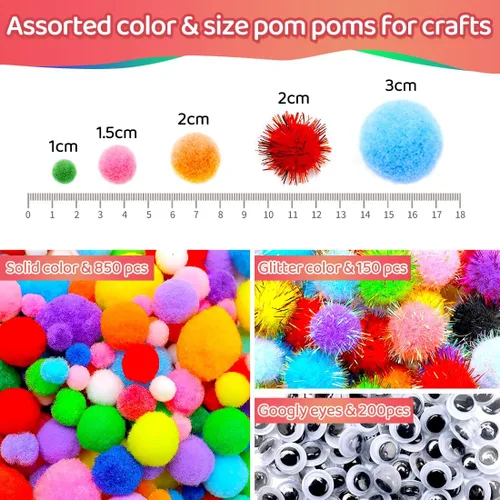 Vista 3 de 1200 pompones + 200 limpiapipas multicolores, suministros de arte y manualidades