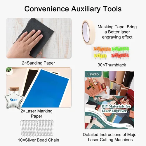 Vista 7 de Csyidio 300 piezas de material de grabado láser, 40 tipos de accesorios de grabado láser con instrucciones, suministros de grabado láser que