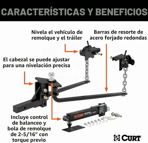 Vista 2 de CURT 17063 MV kit de remolque con barra redonda de distribución de peso 1,000-1,400 lb Tongue Weight, Lubrication Zerk, Forged Spring Bars, 2