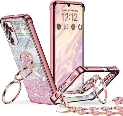 Vista 12 de XYZ Funda para Galaxy A14 5G con soporte y doble anillo, funda de lujo para Samsung A14 5G, color negro