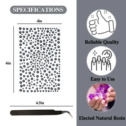 Vista 4 de 3 hojas de gemas de diamantes de imitación autoadhesivos para la cara, maquillaje, uñas, manualidades (negro)