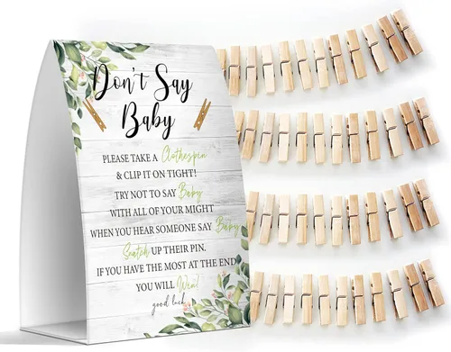 Vista 12 de Juego de texto en inglés "Don't Say Baby", un letrero de 5 x 7 pulgadas y 50 mini pinzas para la ropa, juegos de baby shower, decoración de baby