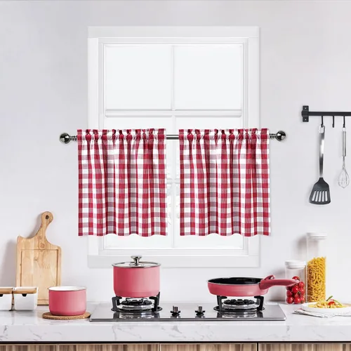 Vista 18 de Cortinas de Cocina Estilo Granja de Cuadros Vichy Blanco y Negro de 24 Pulgadas de Largo, Cortinas de Café de Media Ventana de Cuadros Buffalo