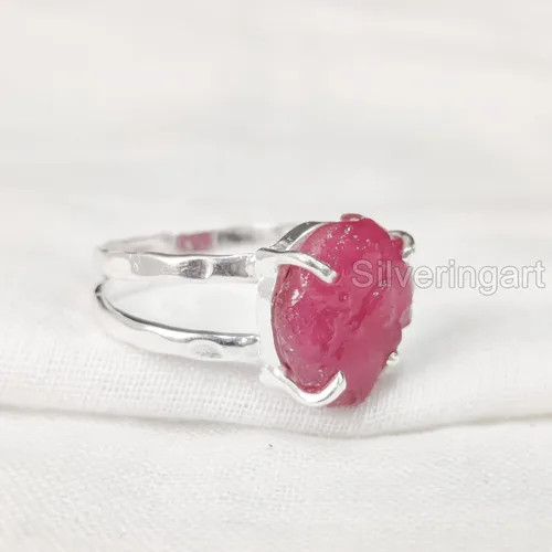 Vista 2 de AAA Natural Ruby Ring, Rough Ruby Gemstone Ring, July Birthstone, 2 Hammered Band, 925 Sterling Silver, Womens Ring, Christmas, Thanksgiving