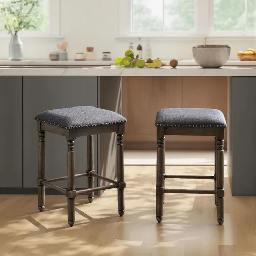 Vista 4 de Roundhill Furniture Arnhem Taburetes tapizados de madera para encimera, juego de 2, color gris