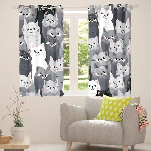 Vista 5 de Feelyou Cortinas de ventana de gatos grises y blancos, cortinas de ventana con patrón de mascotas para dormitorio, sala de estar para niños, niñas