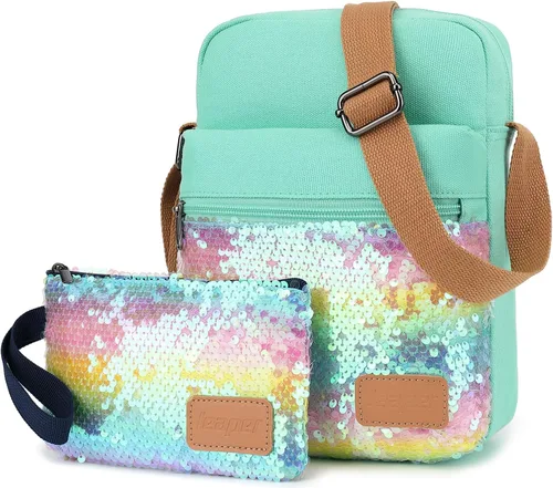 Vista 10 de Leaper - Juego de estuche y cartera bandolera de lona para niñas y mujeres A-verde azulado-r